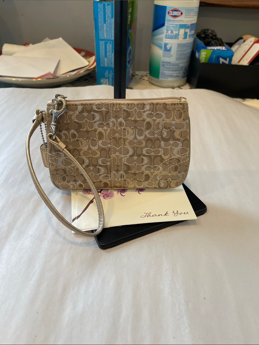 Coach Beige Signature Wristlet Clutch coin purse, small zipped